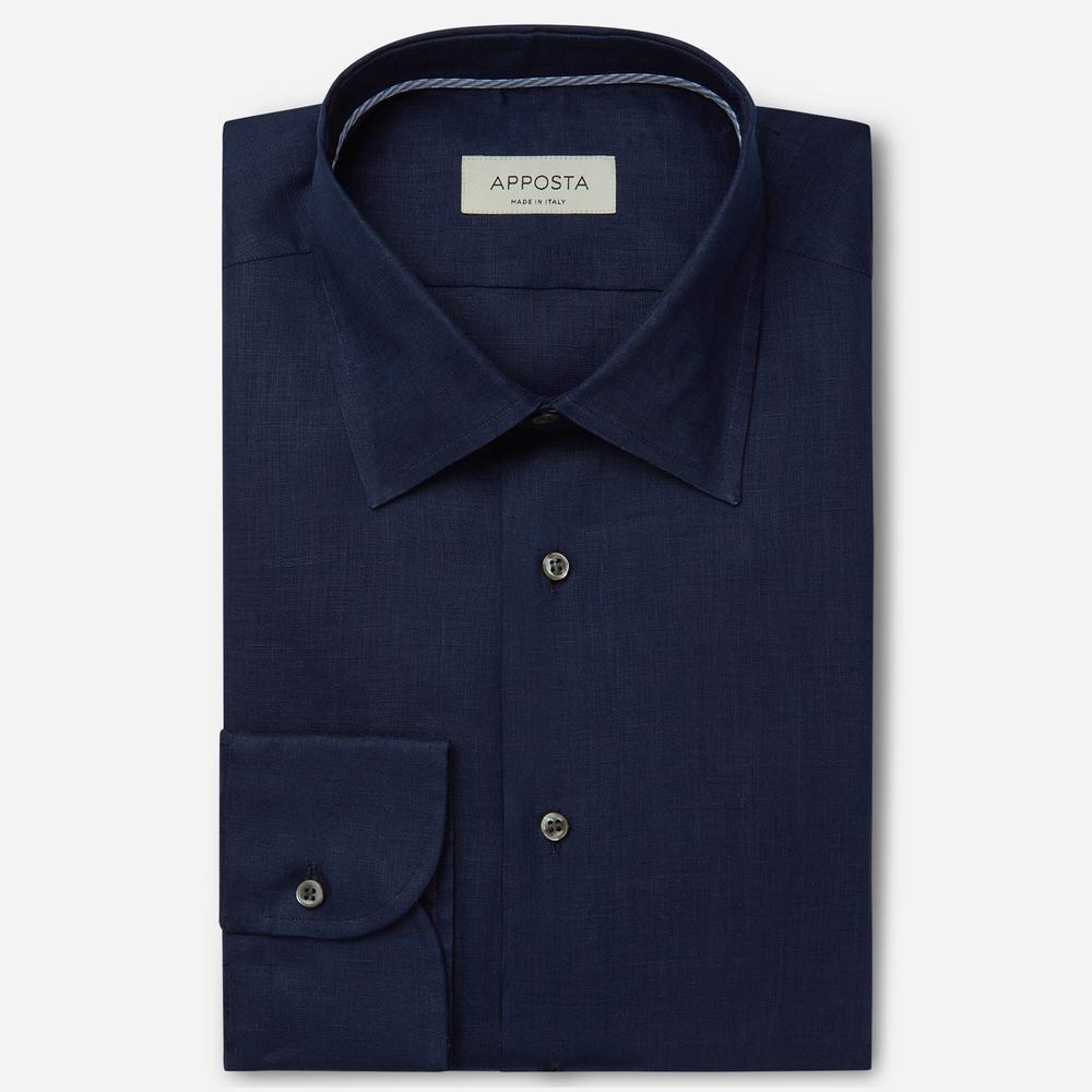 Shirt  solid  navy blue linen plain, collar style  low straight point collar