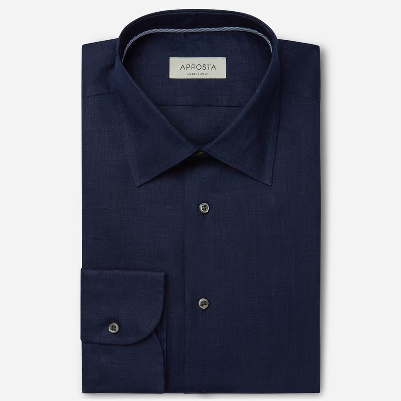 Shirt  solid  navy blue linen plain, collar style  low straight point collar - Product image