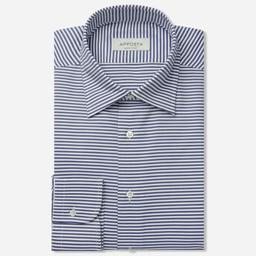 Shirt  striped  navy blue cotton oxford double twisted, collar style  hidden button down collar - Image 1