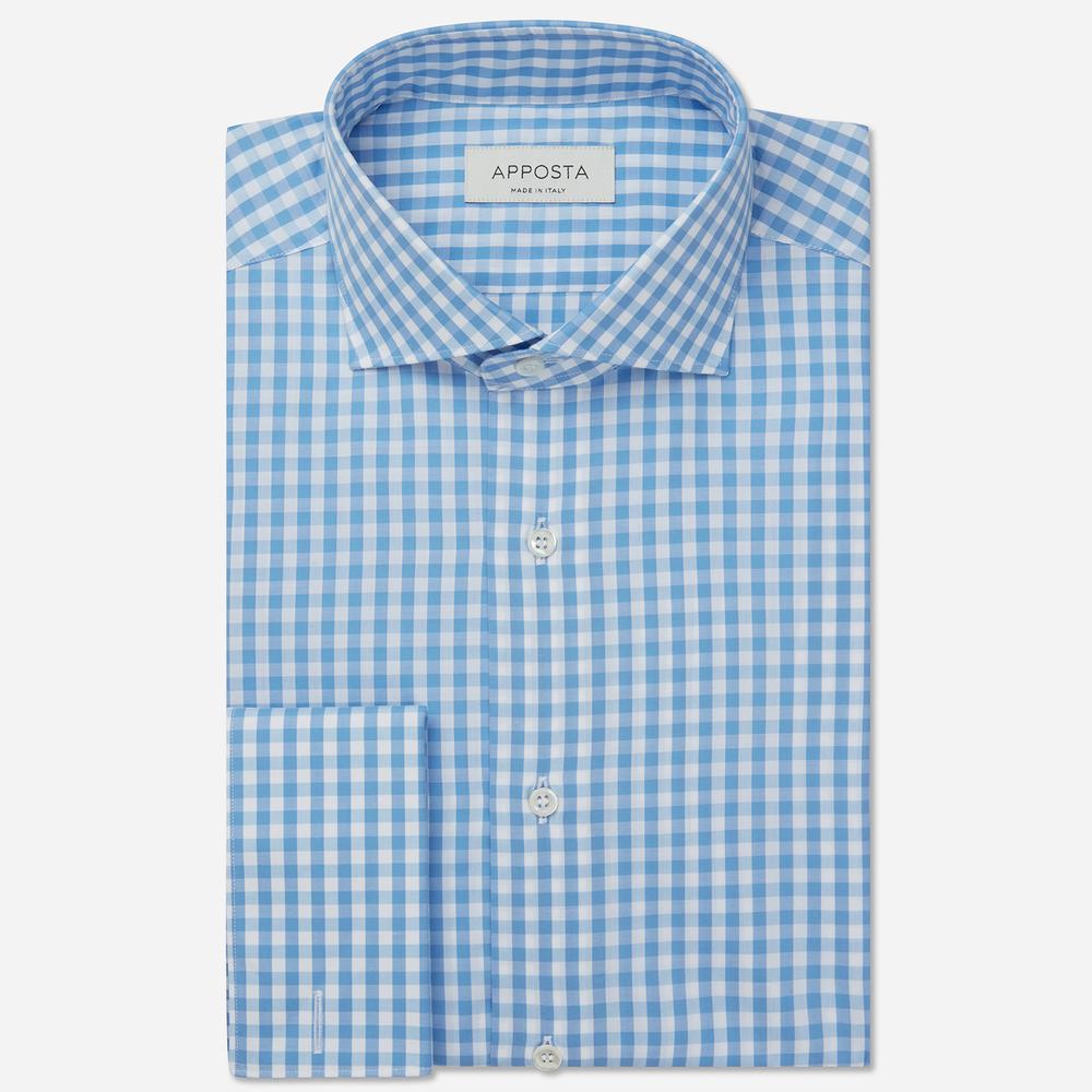 Shirt  gingham check  light blue cotton zephyr, collar style  semi-spread collar