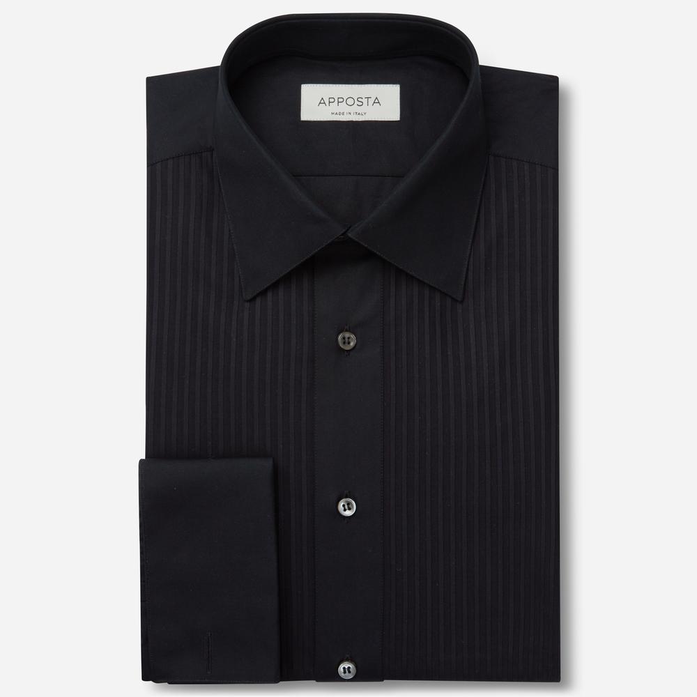 Shirt  solid  black cotton, collar style  low straight point collar, cuff  french cuff (cufflinks)