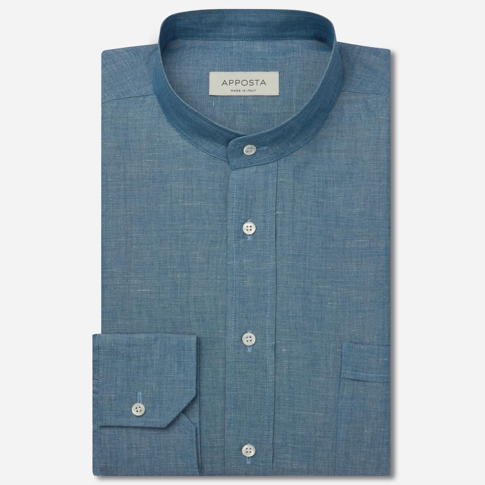 Shirt  solid  navy blue linen denim normandy linen, collar style  band collar