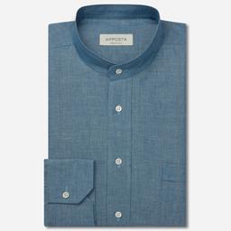 Shirt  solid  navy blue linen denim normandy linen, collar style  band collar - Image 1