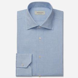 Shirt  small check  light blue linen plain normandy linen, collar style  semi-spread collar - Image 1