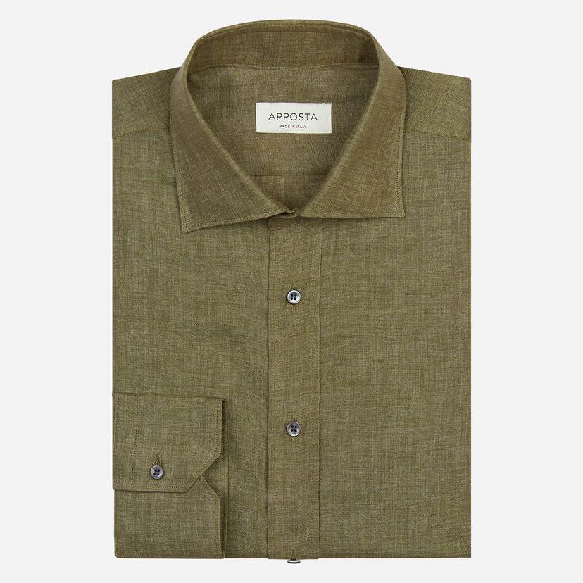 Shirt  solid  green linen plain normandy linen, collar style  semi-spread collar - Product image