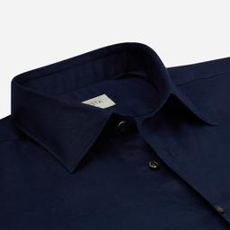 Shirt  solid  navy blue linen plain, collar style  low straight point collar - Image 2