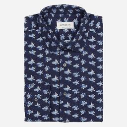 Shirt  floral  navy blue cotton seersucker, collar style  updated straight point collar with short points - Image 1