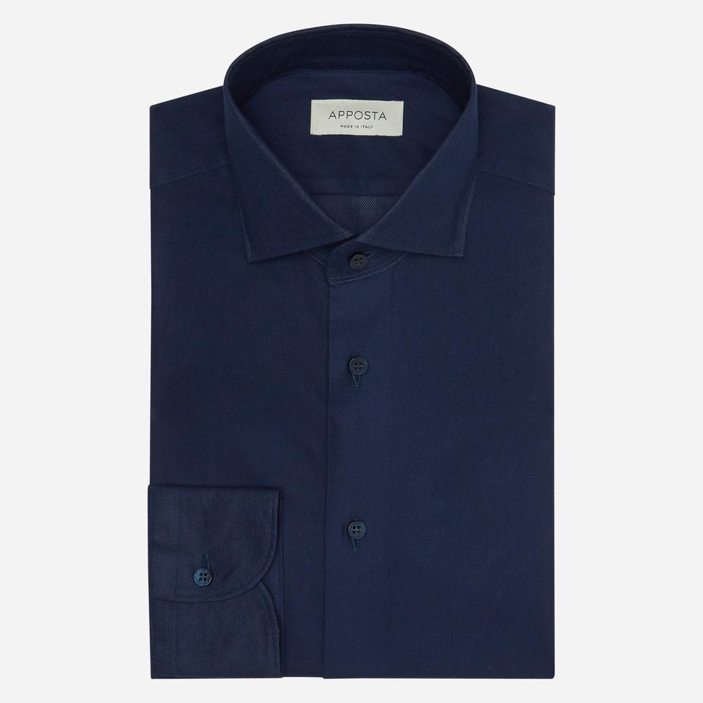 Shirt  solid  navy blue cotton mock leno double twisted, collar style  lower spread collar