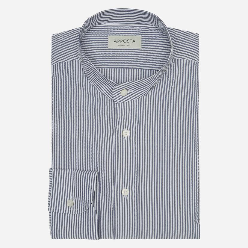 Shirt  striped  navy blue cotton seersucker, collar style  band collar - Product image