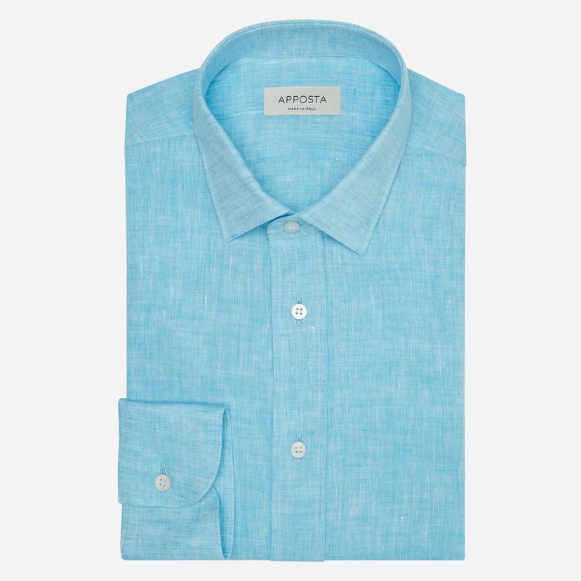 Shirt  solid  turquoise linen zephyr, collar style  updated straight point collar with short points - Product image