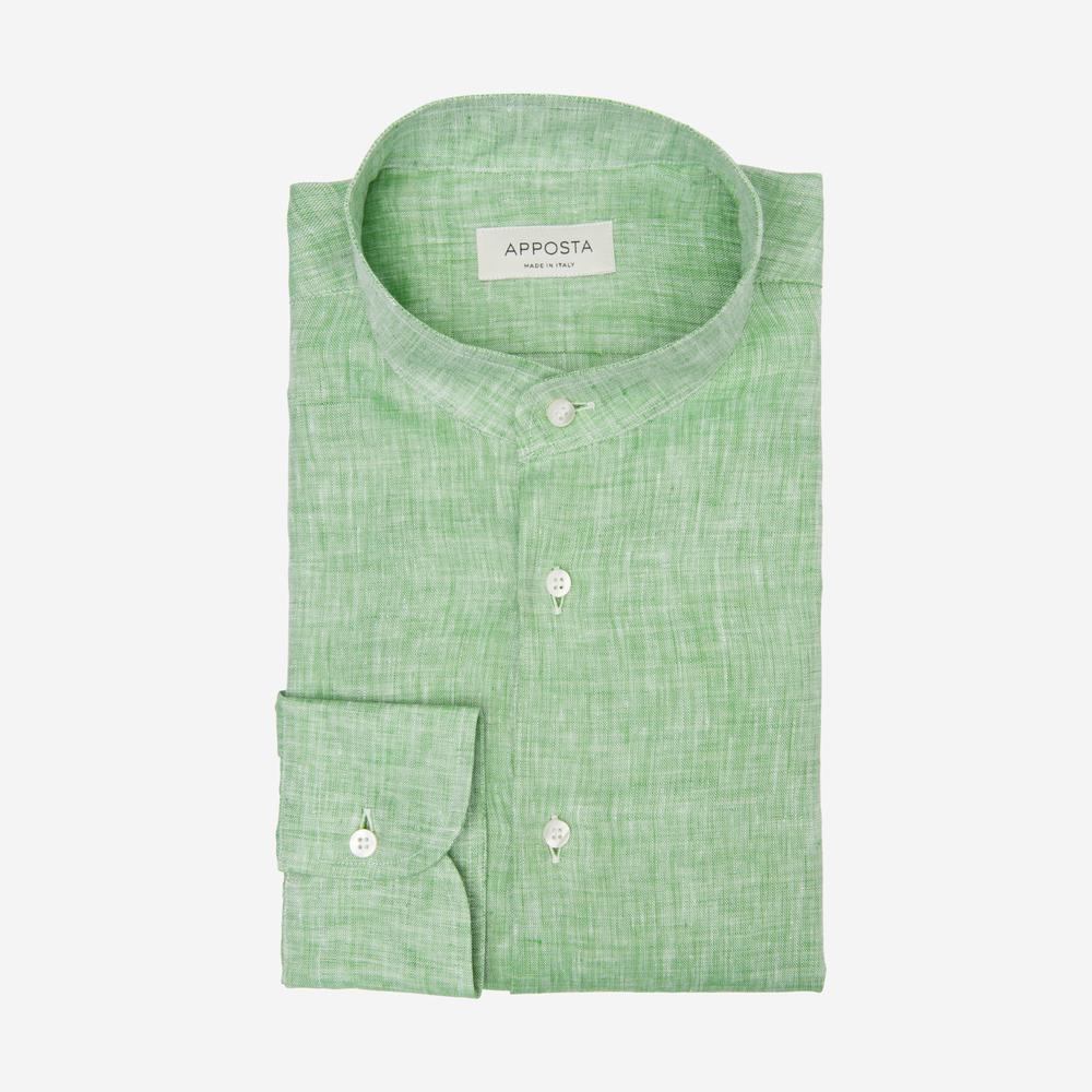 Shirt  solid  green linen zephyr, collar style  band collar