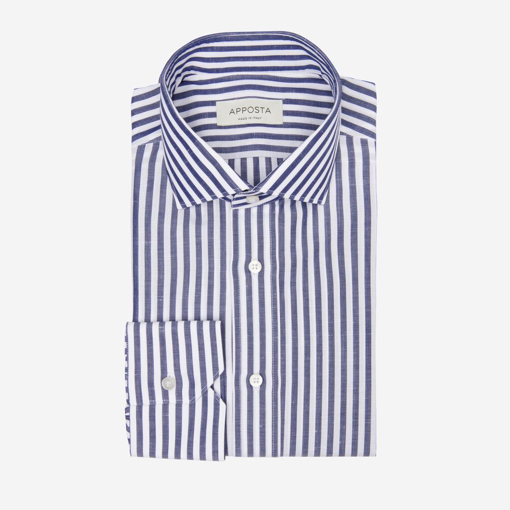 Shirt  striped  navy blue cotton-linen plain, collar style  updated spread collar with short points
