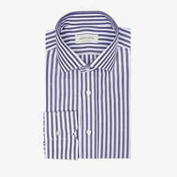 Shirt  striped  navy blue cotton-linen plain, collar style  updated spread collar with short points - Image 1