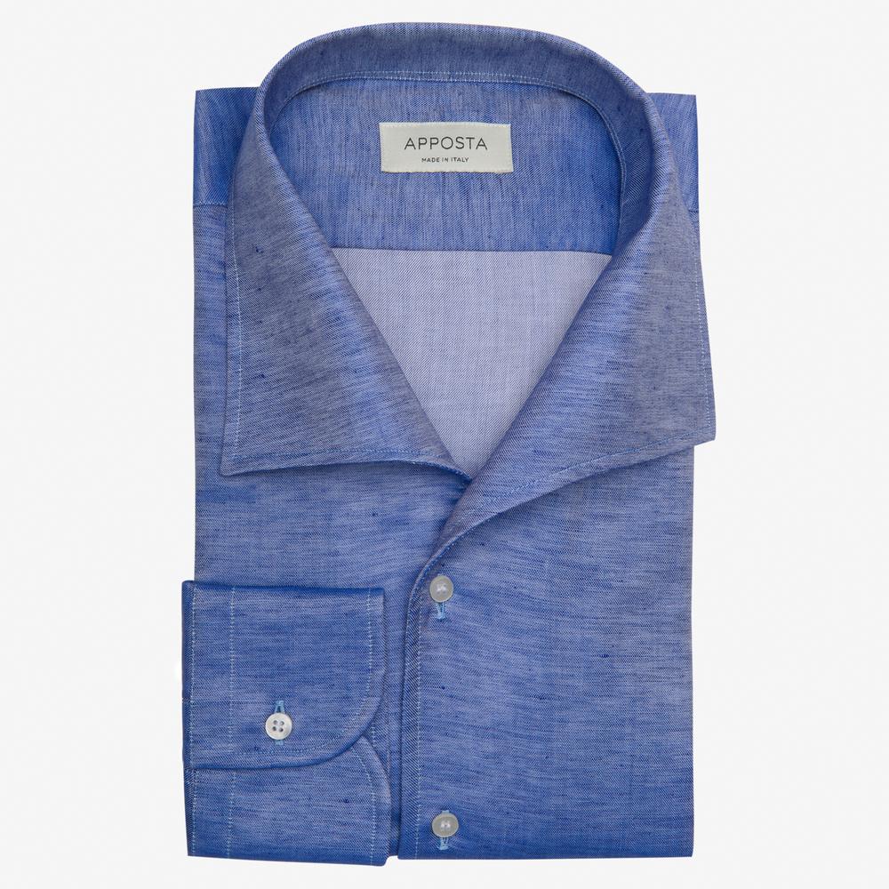 Shirt  solid  navy blue cotton-linen plain normandy linen, collar style  one piece collar