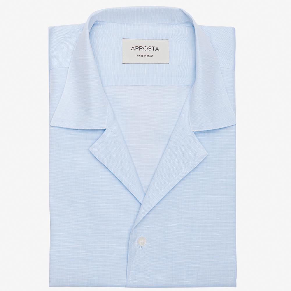 Shirt  solid  light blue cotton-linen plain, collar style  camp collar