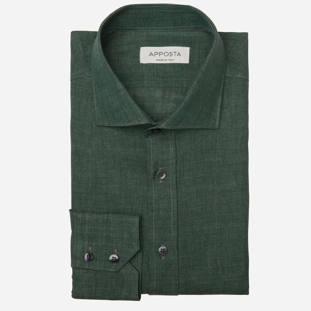 Shirt  solid  green linen plain normandy linen, collar style  updated spread collar with short points