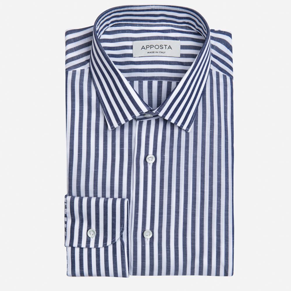Shirt  striped  navy blue cotton-linen plain, collar style  updated straight point collar with short points