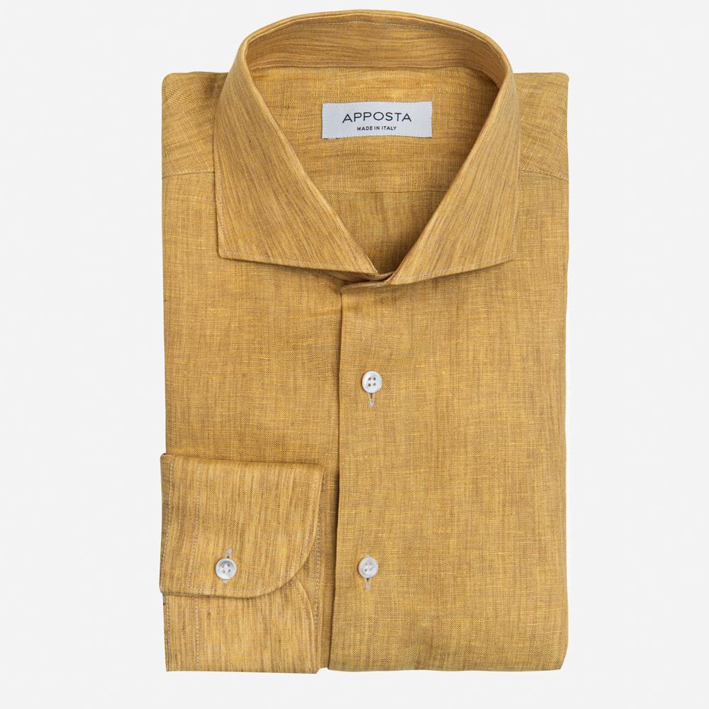 Shirt  solid  yellow linen plain normandy linen, collar style  lower spread collar