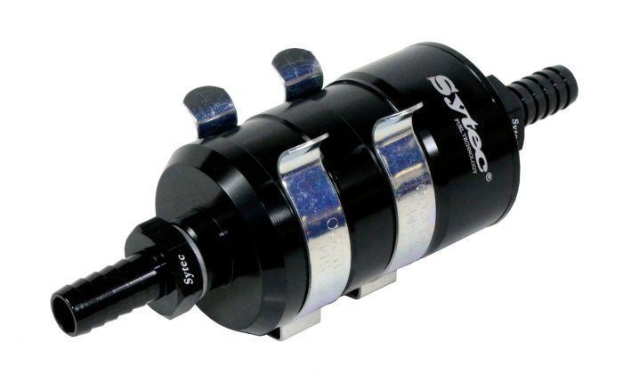 SYTEC Bullet High Flow Fuel Filter 12mm in-out (Black) with mounting clips (BULLETA6-BK-HF-M)