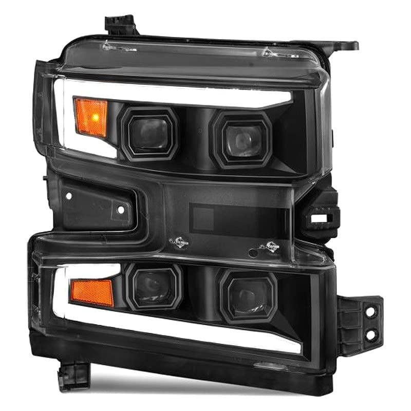ANZO 111566-L 19-22 Chevrolet Silverado 1500 LED Proj HL w/LGT Bar SwBk Seq. Blk w/in. Light - Driver Side ON - High quality product image showing ANZO 111566-L 19-22 Chevrolet Silverado 1500 LED Proj HL w/LGT Bar SwBk Seq. Blk w/in. Light - Driver Side ON details and features