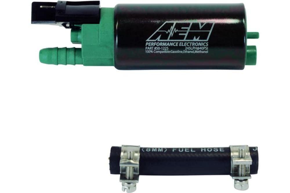 AEM 50-1225 Fuel Pump Electric; 245 LPH at 40 PSI; Without Regulator; 36.7 Millimeter Outside Diameter; 6 - 18 Volts; Black Plated Steel; With Pre Filter/ Hose/ Clamps/ Green Cap - High quality product image showing AEM 50-1225 Fuel Pump Electric; 245 LPH at 40 PSI; Without Regulator; 36.7 Millimeter Outside Diameter; 6 - 18 Volts; Black Plated Steel; With Pre Filter/ Hose/ Clamps/ Green Cap details and features