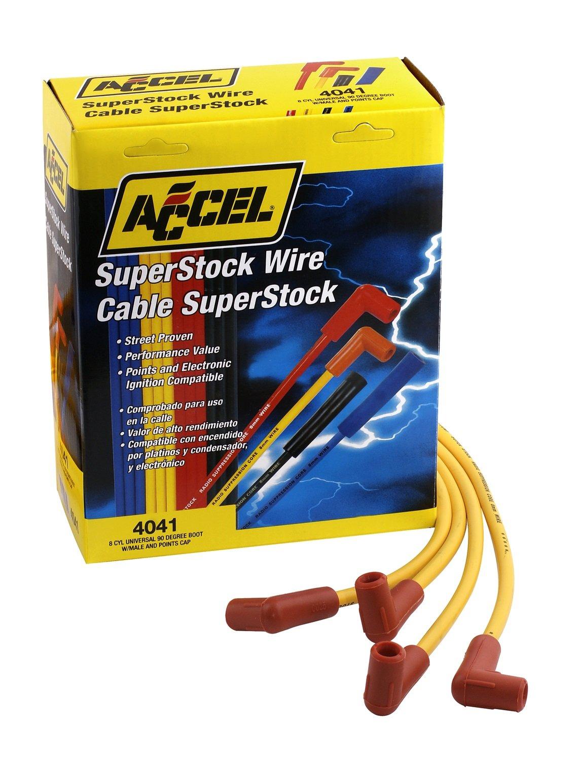 ACCEL 4041 Spark Plug Wire Set - 8mm - Yellow with Orange 90 Degree Boots - High quality product image showing ACCEL 4041 Spark Plug Wire Set - 8mm - Yellow with Orange 90 Degree Boots details and features
