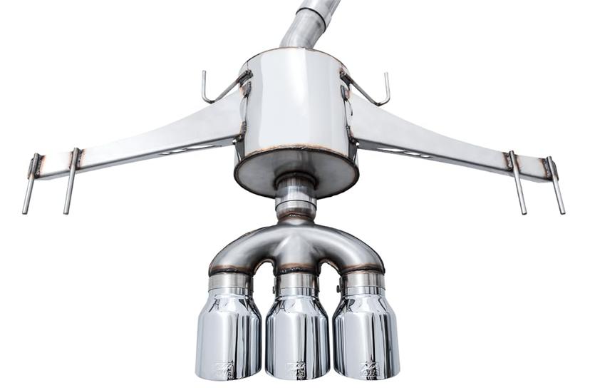 AWE 3015-52004 Exhaust System Kit; Touring Edition Cat-Back System; Stainless Steel; Without Muffler; Single Exhaust With Triple Exit; Rear Exit; 4.5 Inch Chrome Silver Tip; With Front Pipe