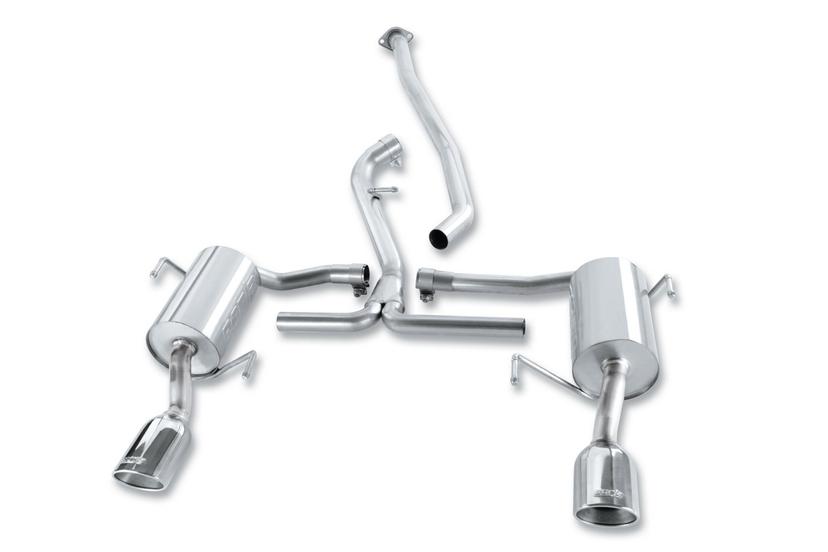 BORLA 140324 Exhaust System Kit; Cat-Back System; T-304 Stainless Steel; With Mufflers; 2-1/4 Inch To 2 Inch Pipe Diameter; Single Exhaust With Dual Exit; Split Rear Exit; 4-1/4 Inch x 3-1/2 Inch Oval Polished T-304 Stainless Steel Tip