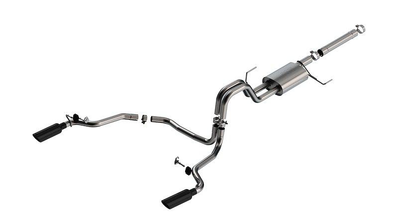 BORLA 140903BC Exhaust System Kit; S-Type Cat Back System; T-304 Stainless Steel; With Muffler; 3 Inch To 2-1/4 Inch Pipe Diameter; Single Exhaust With Dual Exit; Single Split Rear Exit; 4 Inch Round Rolled Angle-Cut Black T-304 Stainless Steel Tips - The Twister Group Tools product