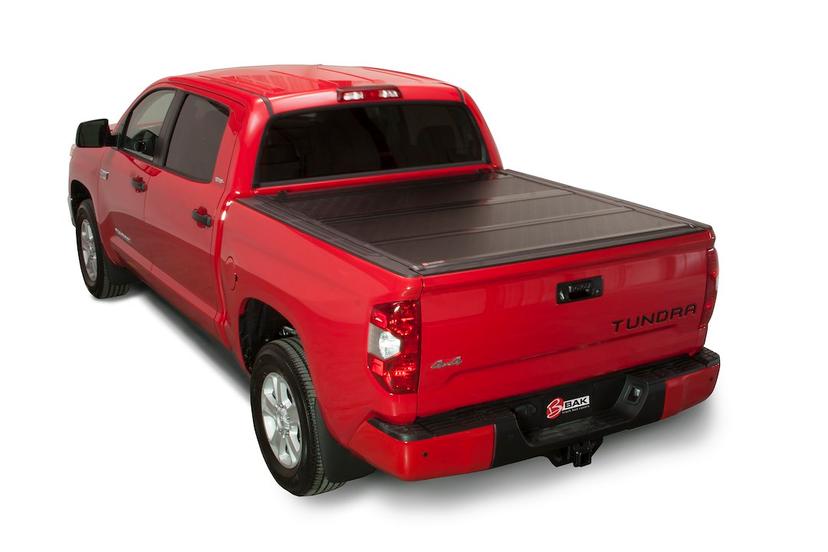 BAK 1126446 BAKFLIP FIBERMAX, Hard Folding; Low Profile; 2 Folds/ 3 Panels; Front Hinge Allows Entire Tonneau To Flip Up When Folded; Gloss Black; Fiberglass Covered Aluminum; Lockable Using Tailgate Handle Lock; Can Be Used With BAK Tool Box