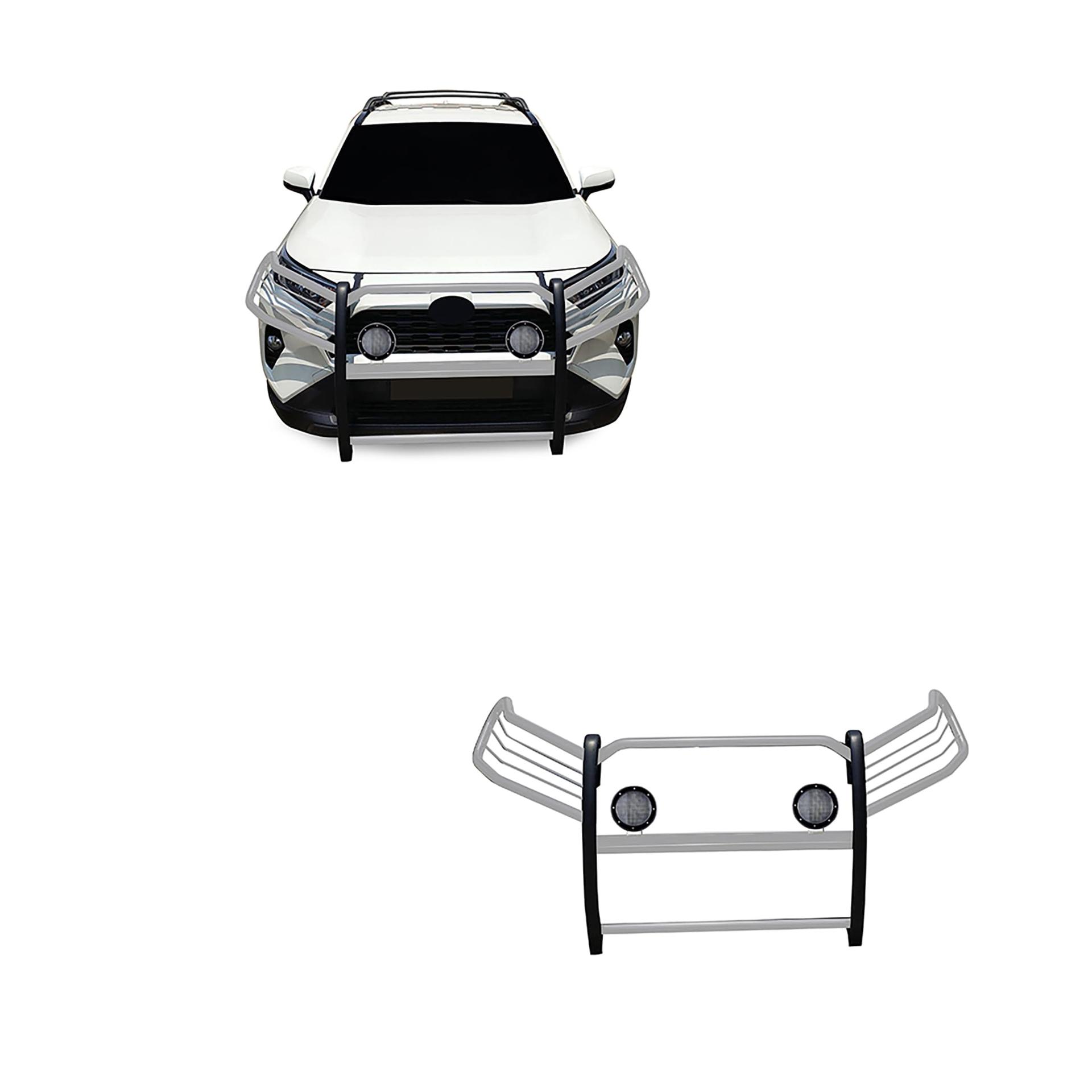 BLACK HORSE 17A093904MSS-PLFB Grille brush Bumper Guard Modular Stainless Steel Come with Pair of 5.3 INCH Dia.LED Lights with Black Trim Rings Compatible with 2019-2024 Toyota RAV4 - High quality product image showing BLACK HORSE 17A093904MSS-PLFB Grille brush Bumper Guard Modular Stainless Steel Come with Pair of 5.3 INCH Dia.LED Lights with Black Trim Rings Compatible with 2019-2024 Toyota RAV4 details and features