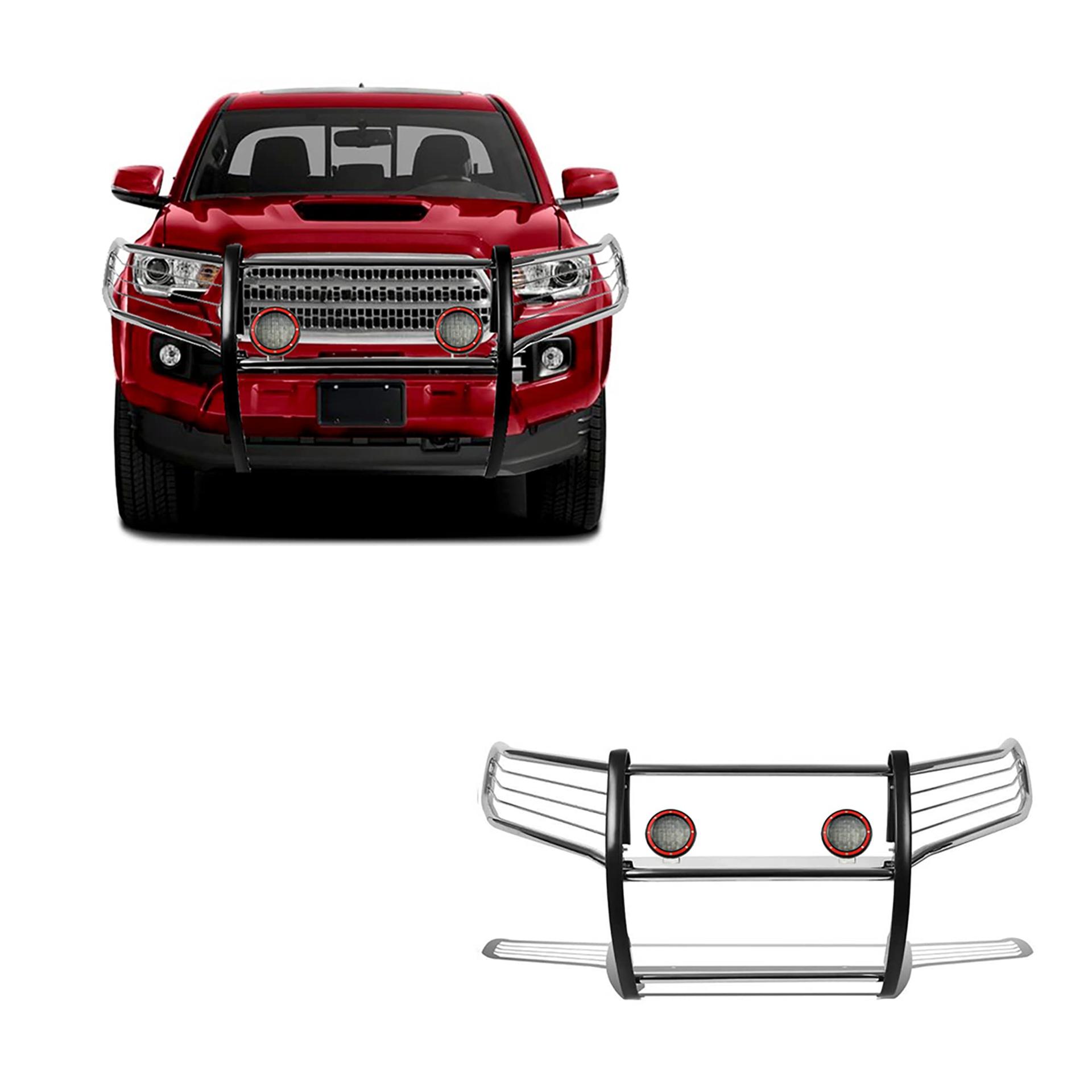 BLACK HORSE 17A096402MSS-PLFR Grille brush Bumper Guard Modular Stainless Steel Come With Pair of 5.3 INCH Dia.LED Lights with Red Trim Rings Compatible with 2016-2023 Toyota Tacoma - High quality product image showing BLACK HORSE 17A096402MSS-PLFR Grille brush Bumper Guard Modular Stainless Steel Come With Pair of 5.3 INCH Dia.LED Lights with Red Trim Rings Compatible with 2016-2023 Toyota Tacoma details and features