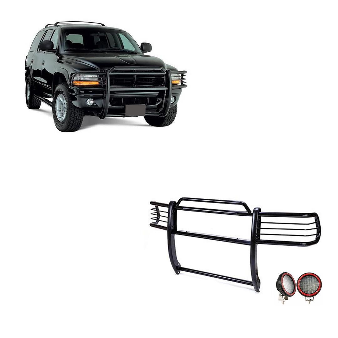 BLACK HORSE 17BH23MA-PLFR Grille brush Bumper Guard Modular Black Come With Pair of 5.3 INCH Dia.LED Lights with Red Trim Rings Compatible with 1997-2004 Dodge Dakota|2000-2003 Dodge Durango - The Twister Group Tools product