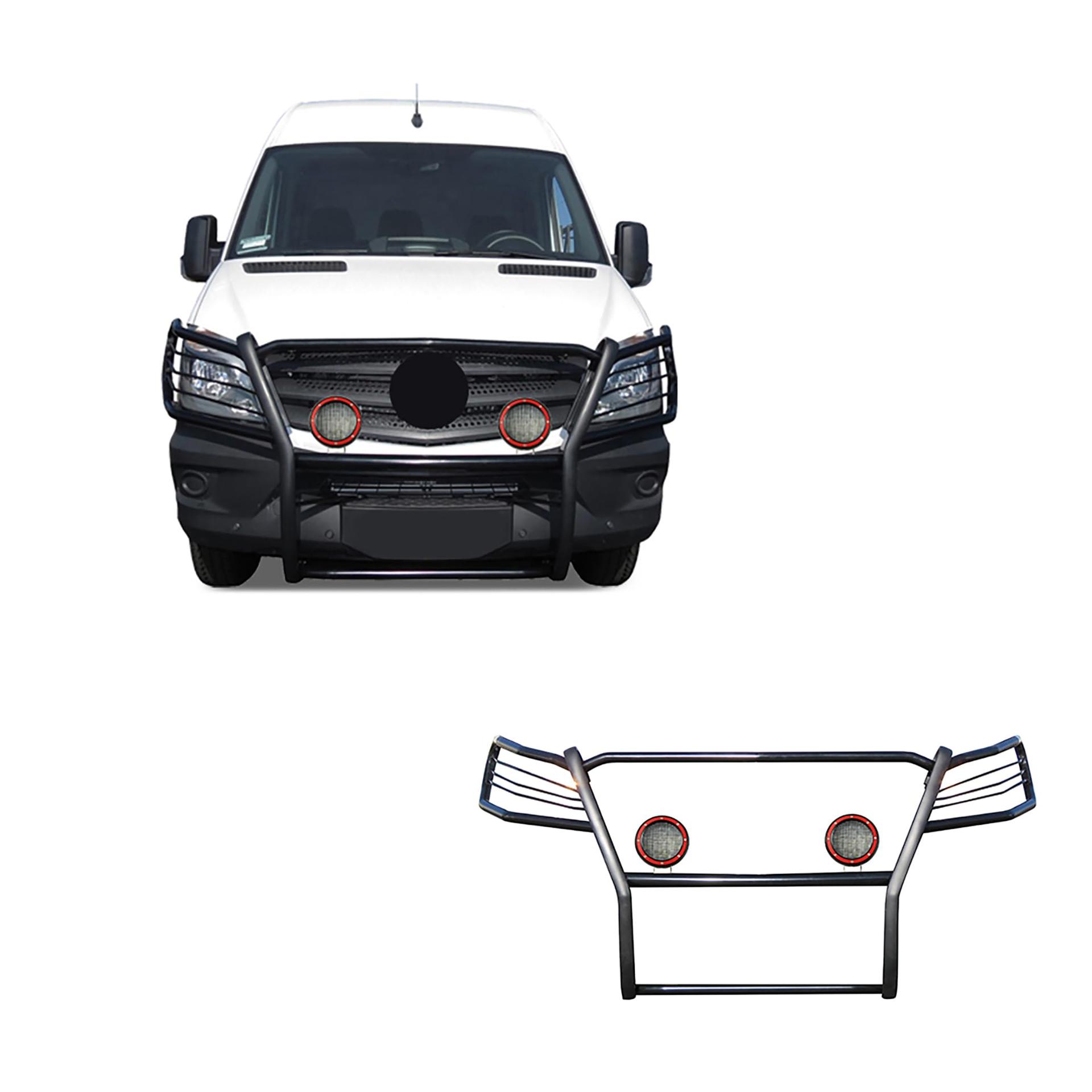 BLACK HORSE 17D502MA-PLFR Grille Guard Modular Black Come W/Pair of 5.3 INCHLED Lights Compatible with 07-09 Dodge sprinter-Freightliner 2500/3500|07-11 -Benz sprinter 1500|10-18-Benz sprinter 2500/3500 - High quality product image showing BLACK HORSE 17D502MA-PLFR Grille Guard Modular Black Come W/Pair of 5.3 INCHLED Lights Compatible with 07-09 Dodge sprinter-Freightliner 2500/3500|07-11 -Benz sprinter 1500|10-18-Benz sprinter 2500/3500 details and features