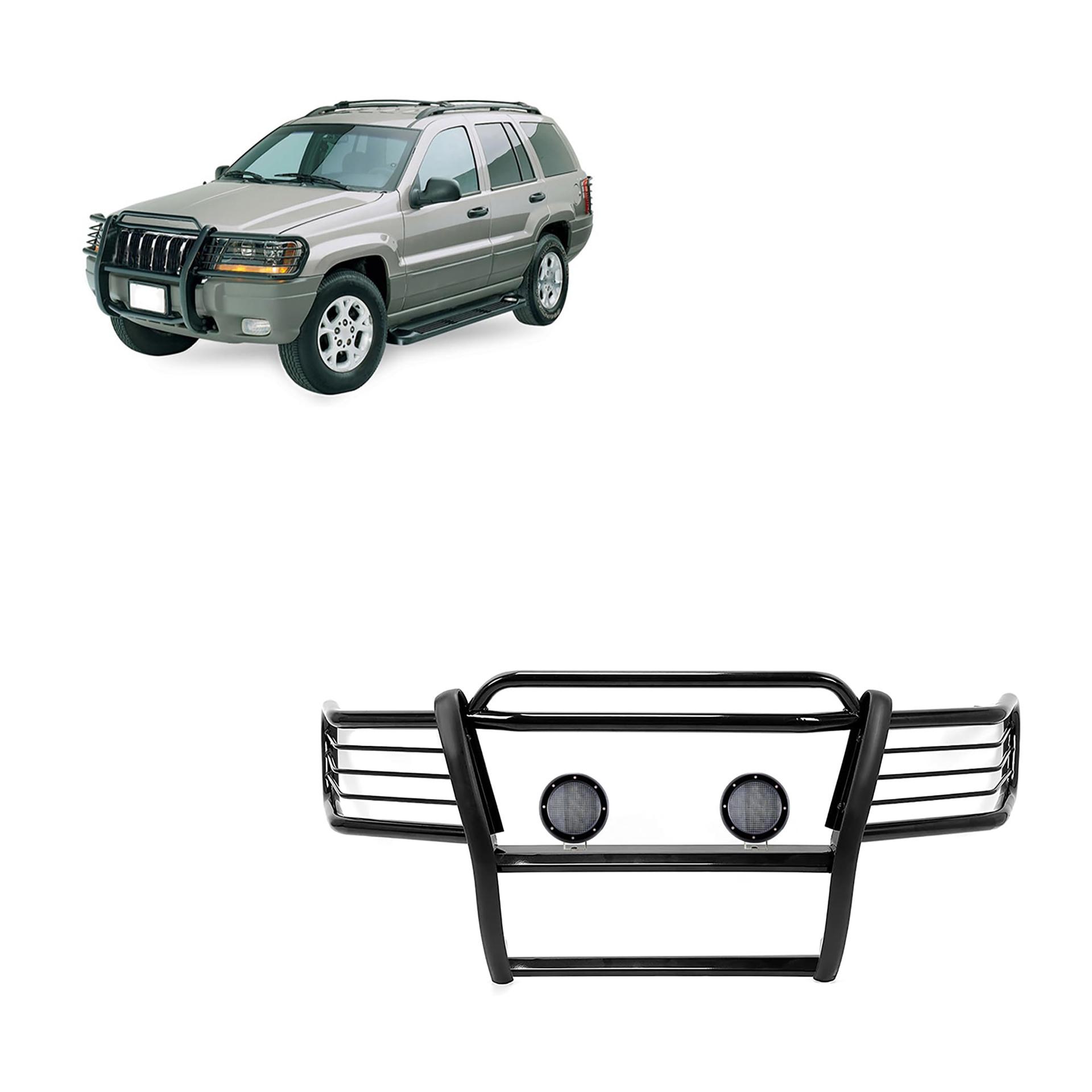 BLACK HORSE 17EB26MA-PLFB Grille brush Bumper Guard Modular Black Come with Pair of 5.3 INCH Dia.LED Lights with Black Trim Rings Compatible with 1999-2004 Jeep Grand Cherokee - High quality product image showing BLACK HORSE 17EB26MA-PLFB Grille brush Bumper Guard Modular Black Come with Pair of 5.3 INCH Dia.LED Lights with Black Trim Rings Compatible with 1999-2004 Jeep Grand Cherokee details and features