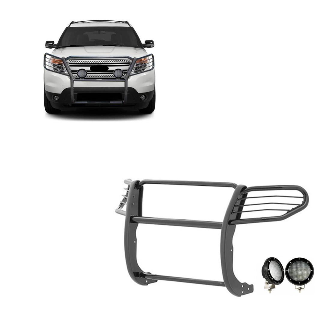 BLACK HORSE 17FJ28MA-PLFB Grille brush Bumper Guard Modular Black Come with Pair of 5.3 INCH Dia.LED Lights with Black Trim Rings Compatible with 2011-2015 Ford Explorer - The Twister Group Tools product