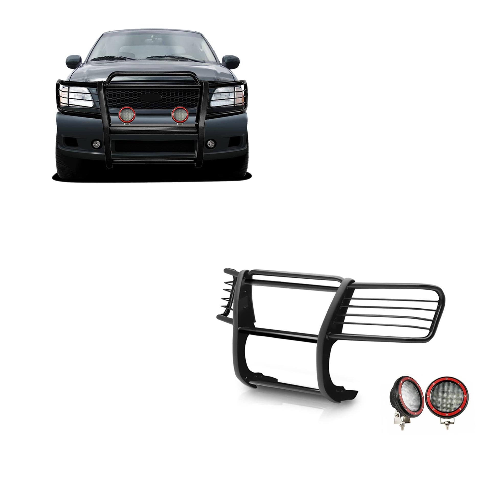 BLACK HORSE 17FP27MA-PLFR Grille brush Bumper Guard Modular Black Come With Pair of 5.3 INCHLED Lights with Red Trim Rings Compatible with 1999-2002 Expedition|1999-2004 F-150|1999-2007 F-250 Super Duty - High quality product image showing BLACK HORSE 17FP27MA-PLFR Grille brush Bumper Guard Modular Black Come With Pair of 5.3 INCHLED Lights with Red Trim Rings Compatible with 1999-2002 Expedition|1999-2004 F-150|1999-2007 F-250 Super Duty details and features