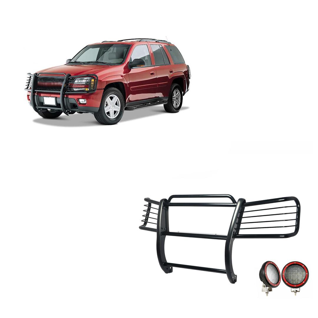BLACK HORSE 17GK26MA-PLFR Grille brush Bumper Guard Modular Black Come With Pair of 5.3 INCH Dia.LED Lights with Red Trim Rings Compatible with 2002-2009 Chevy Trailblazer|2002-2006 Chevy Trailblazer EXT - The Twister Group Tools product