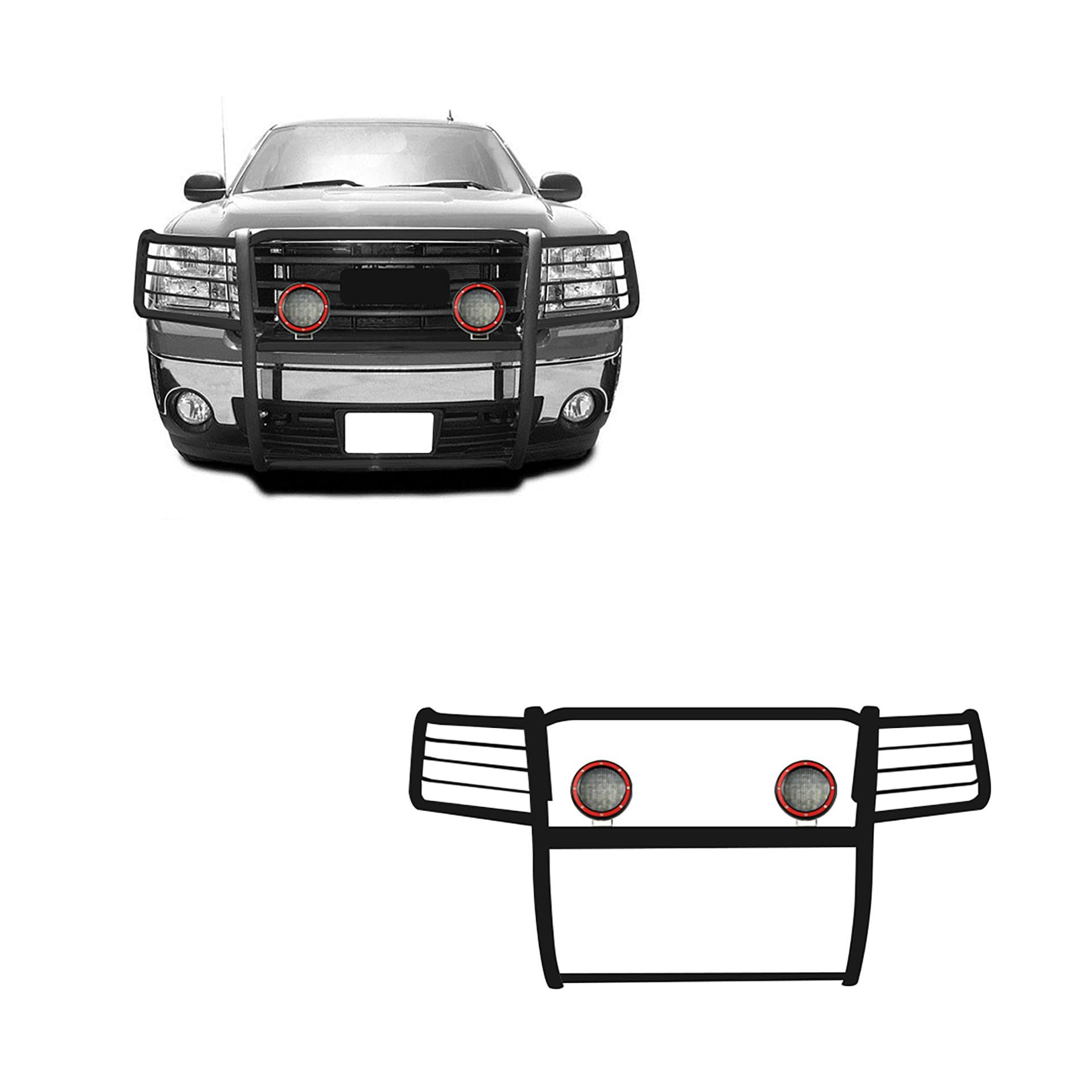 BLACK HORSE 17GS10MA-PLFR Grille brush Bumper Guard Modular Black Come With Pair of 5.3 INCH Dia.LED Lights with Red Trim Rings Compatible with 2007-2013 GMC Sierra 1500 - High quality product image showing BLACK HORSE 17GS10MA-PLFR Grille brush Bumper Guard Modular Black Come With Pair of 5.3 INCH Dia.LED Lights with Red Trim Rings Compatible with 2007-2013 GMC Sierra 1500 details and features