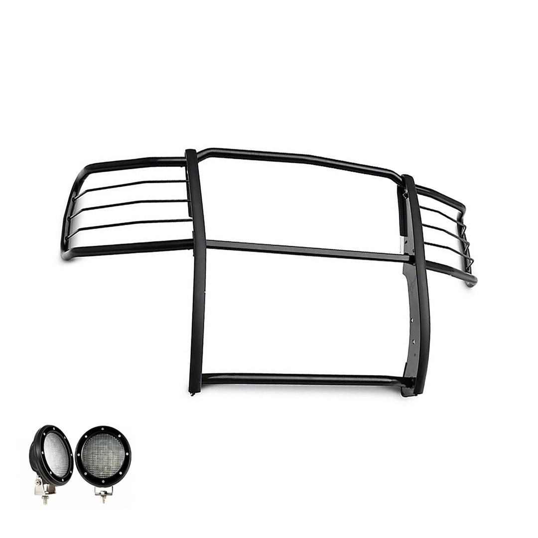 BLACK HORSE 17GT27MA-PLFB Grille brush Bumper Guard Modular Black Come with Pair of 5.3 INCH Dia.LED Lights with Black Trim Rings Compatible with 2014-2018 Chevrolet Silverado 1500 - The Twister Group Tools product