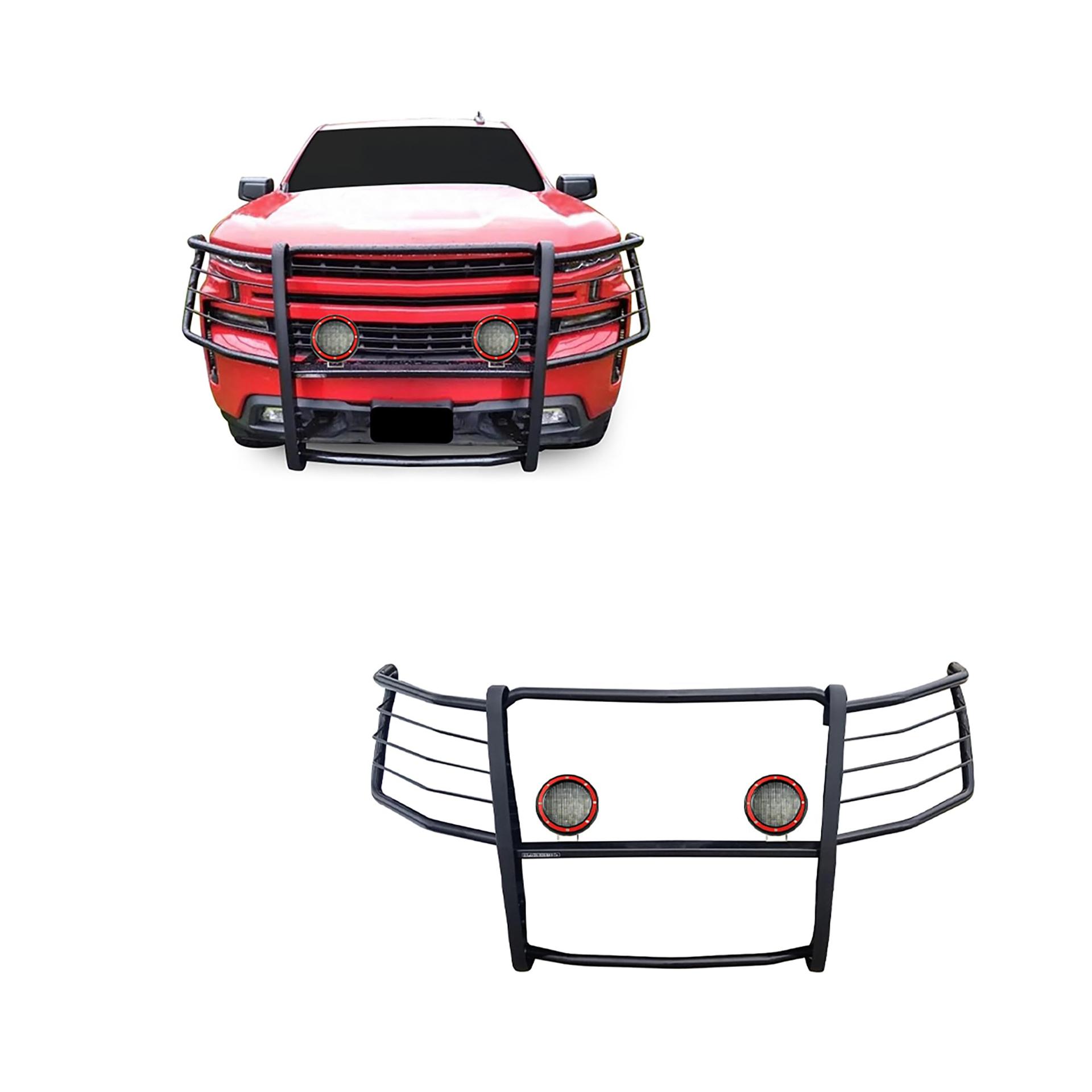 BLACK HORSE 17GT29MA-PLFR Grille brush Bumper Guard Modular Black Come With Pair of 5.3 INCH Dia.LED Lights with Red Trim Rings Compatible with 2019-2021 Silverado 1500|2022-2022 Silverado 1500 LTD - High quality product image showing BLACK HORSE 17GT29MA-PLFR Grille brush Bumper Guard Modular Black Come With Pair of 5.3 INCH Dia.LED Lights with Red Trim Rings Compatible with 2019-2021 Silverado 1500|2022-2022 Silverado 1500 LTD details and features