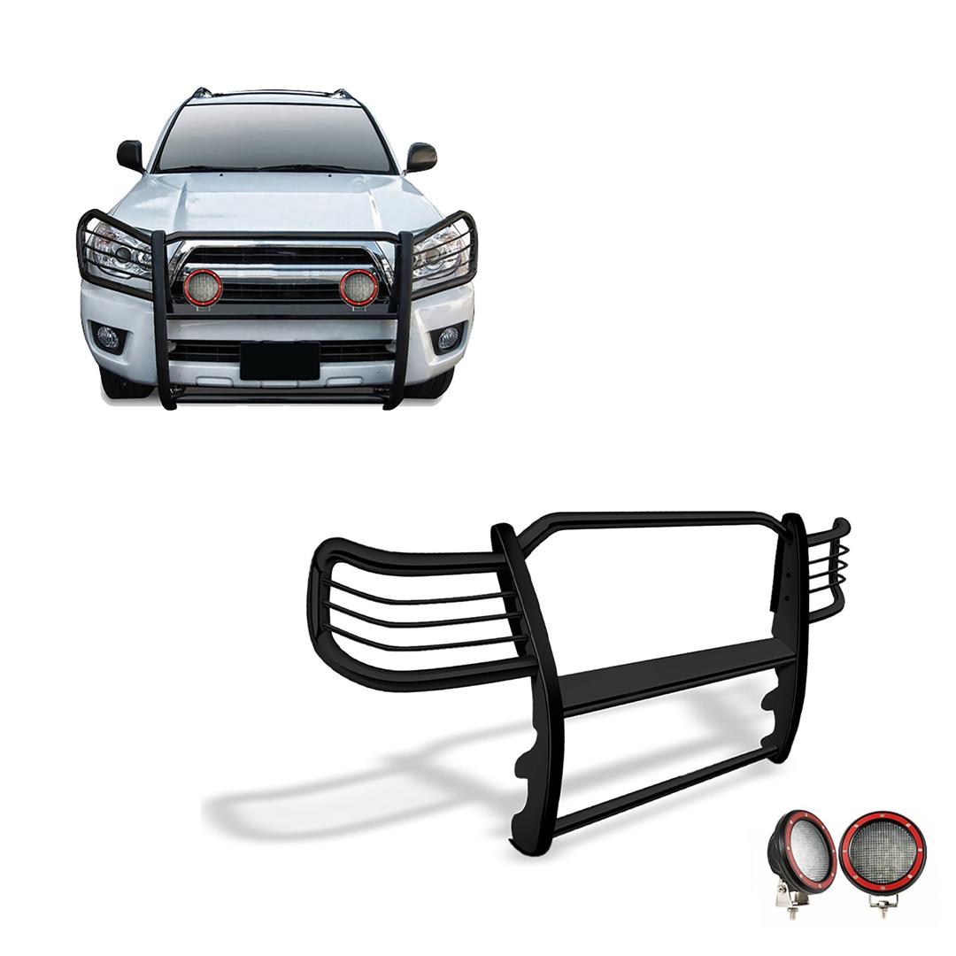 BLACK HORSE 17TU26MA-PLFR Grille brush Bumper Guard Modular Black Come With Pair of 5.3 INCH Dia.LED Lights with Red Trim Rings Compatible with 2003-2009 Lexus GX470|2003-2009 Toyota 4Runner - The Twister Group Tools product