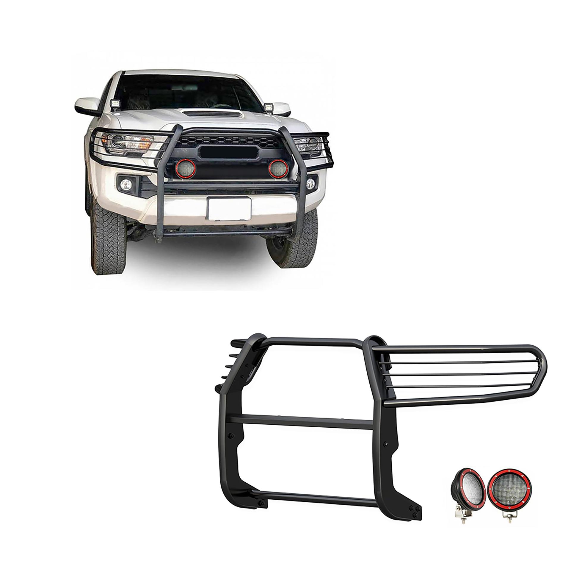 BLACK HORSE 17A096402MA-PLFR Grille brush Bumper Guard Modular Black Come With Pair of 5.3 INCH Dia.LED Lights with Red Trim Rings Compatible with 2016-2023 Toyota Tacoma - High quality product image showing BLACK HORSE 17A096402MA-PLFR Grille brush Bumper Guard Modular Black Come With Pair of 5.3 INCH Dia.LED Lights with Red Trim Rings Compatible with 2016-2023 Toyota Tacoma details and features