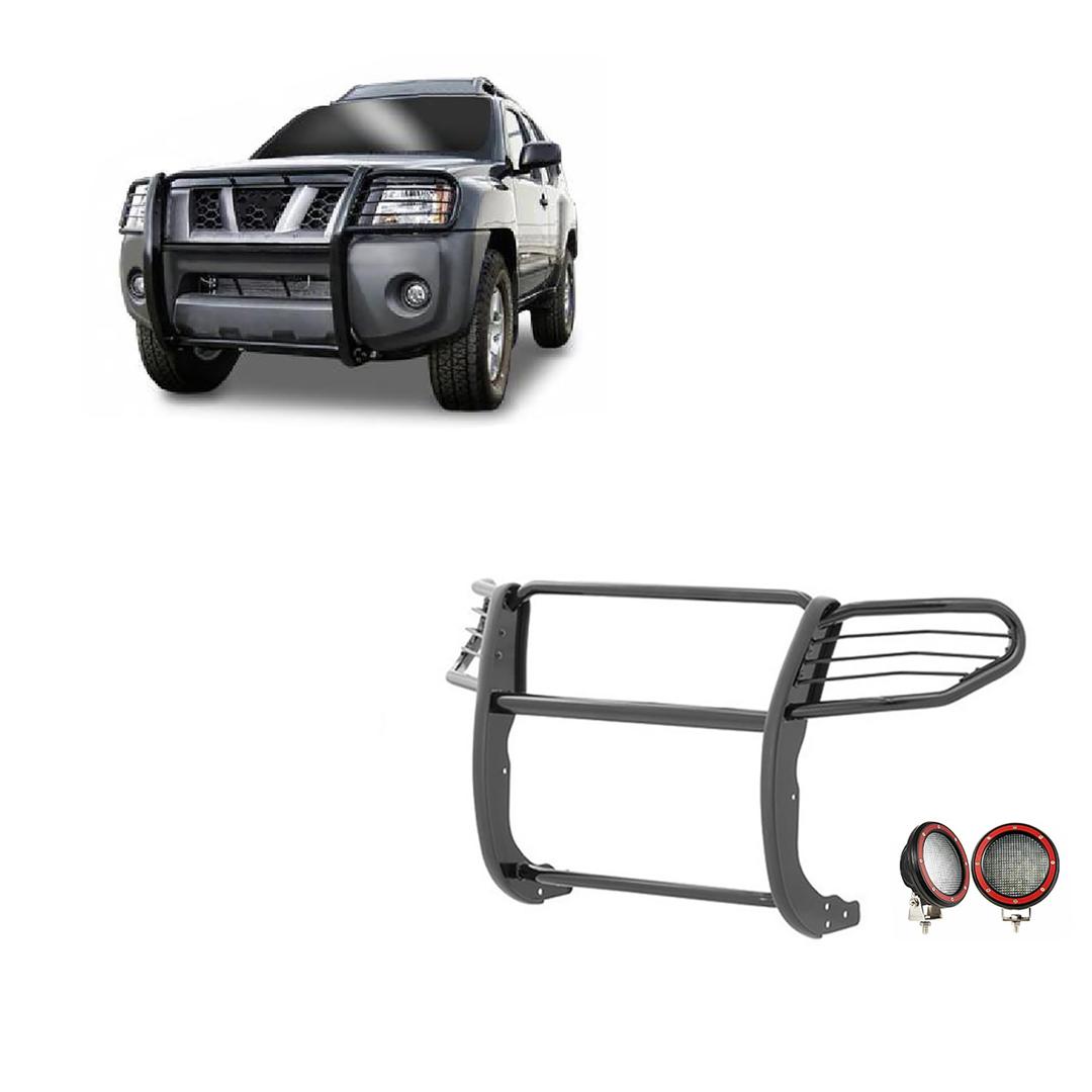 BLACK HORSE 17A112100MA-PLFR Grille brush Bumper Guard Modular Black Come With Pair of 5.3 INCH Dia.LED Lights with Red Trim Rings Compatible with 2005-2015 Nissan Xterra - The Twister Group Tools product