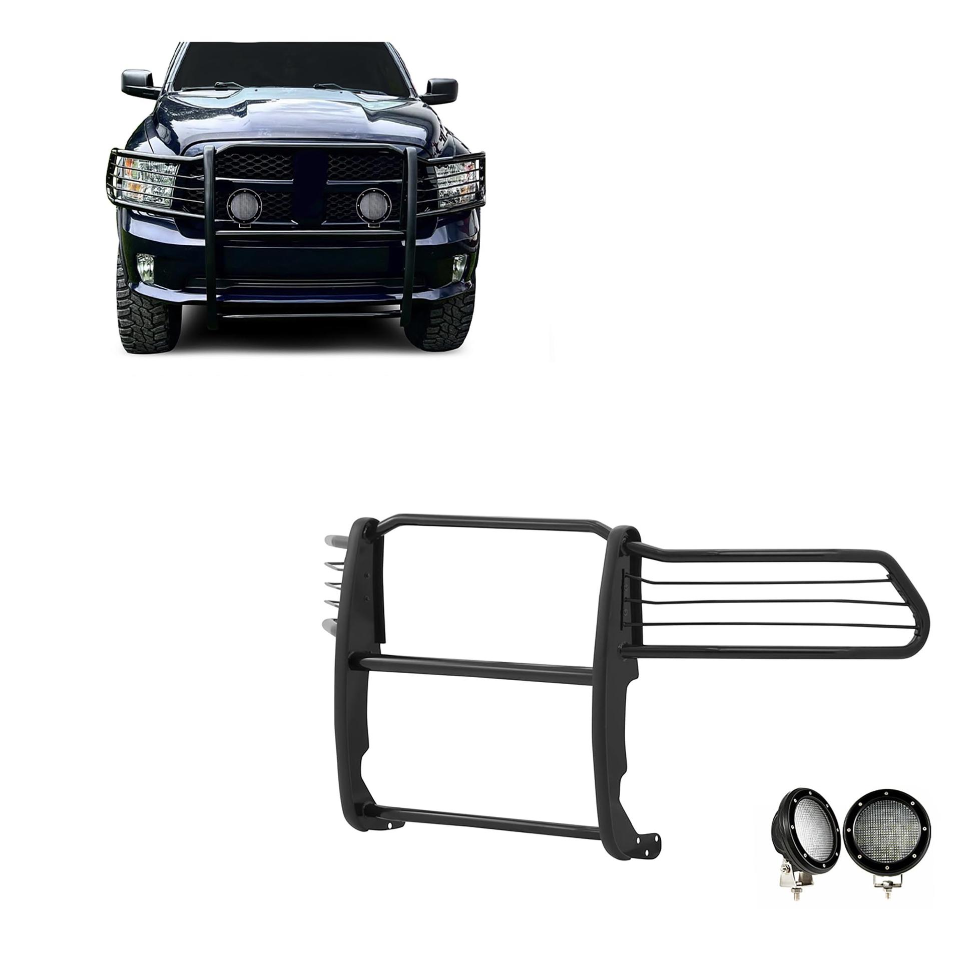 BLACK HORSE 17DG109MA-PLFB Grille brush Bumper Guard Modular Black Come with Pair of 5.3 INCH Dia.LED Lights with Black Trim Rings Compatible with 2009-2018 Dodge Ram 1500|2019-2024 Ram 1500 Classic - High quality product image showing BLACK HORSE 17DG109MA-PLFB Grille brush Bumper Guard Modular Black Come with Pair of 5.3 INCH Dia.LED Lights with Black Trim Rings Compatible with 2009-2018 Dodge Ram 1500|2019-2024 Ram 1500 Classic details and features