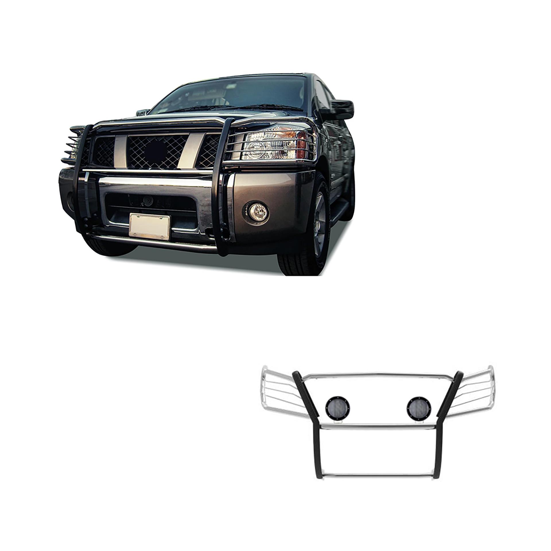 BLACK HORSE 17NR26MSS-PLFB Grille brush Bumper Guard Modular Stainless Steel Come with Pair of 5.3 INCHLED Light with Black Trim Ring Compatible with 2005-2015 Armada|2004-2015 Titan Crew Cab & King Cab - High quality product image showing BLACK HORSE 17NR26MSS-PLFB Grille brush Bumper Guard Modular Stainless Steel Come with Pair of 5.3 INCHLED Light with Black Trim Ring Compatible with 2005-2015 Armada|2004-2015 Titan Crew Cab & King Cab details and features