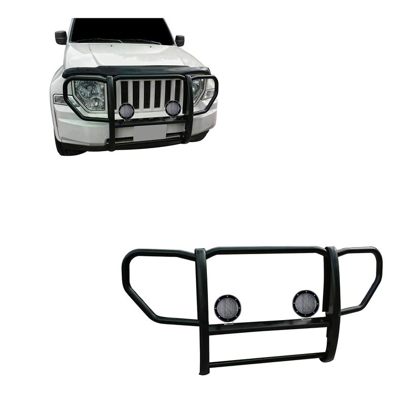 BLACK HORSE 17A086400A-PLFB Grille brush Bumper Guard 1-Piece Black Come with Pair of 5.3 INCH Dia.LED Lights with Black Trim Rings Compatible with 2008-2012 Jeep Liberty