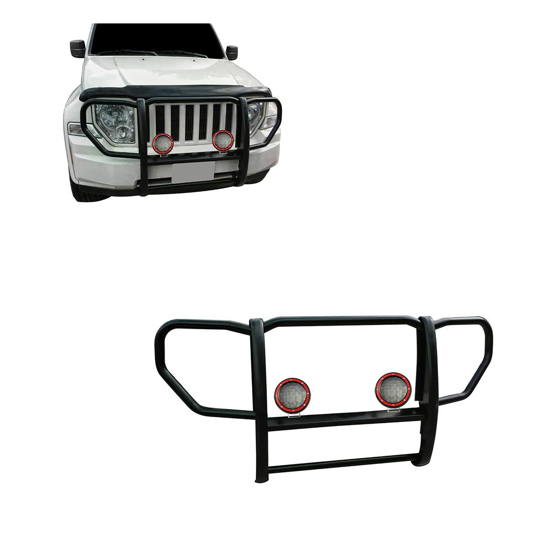 BLACK HORSE 17A086400A-PLFR Grille brush Bumper Guard 1-Piece Black Come With Pair of 5.3 INCH Dia.LED Lights with Red Trim Rings Compatible with 2008-2012 Jeep Liberty - The Twister Group Tools product