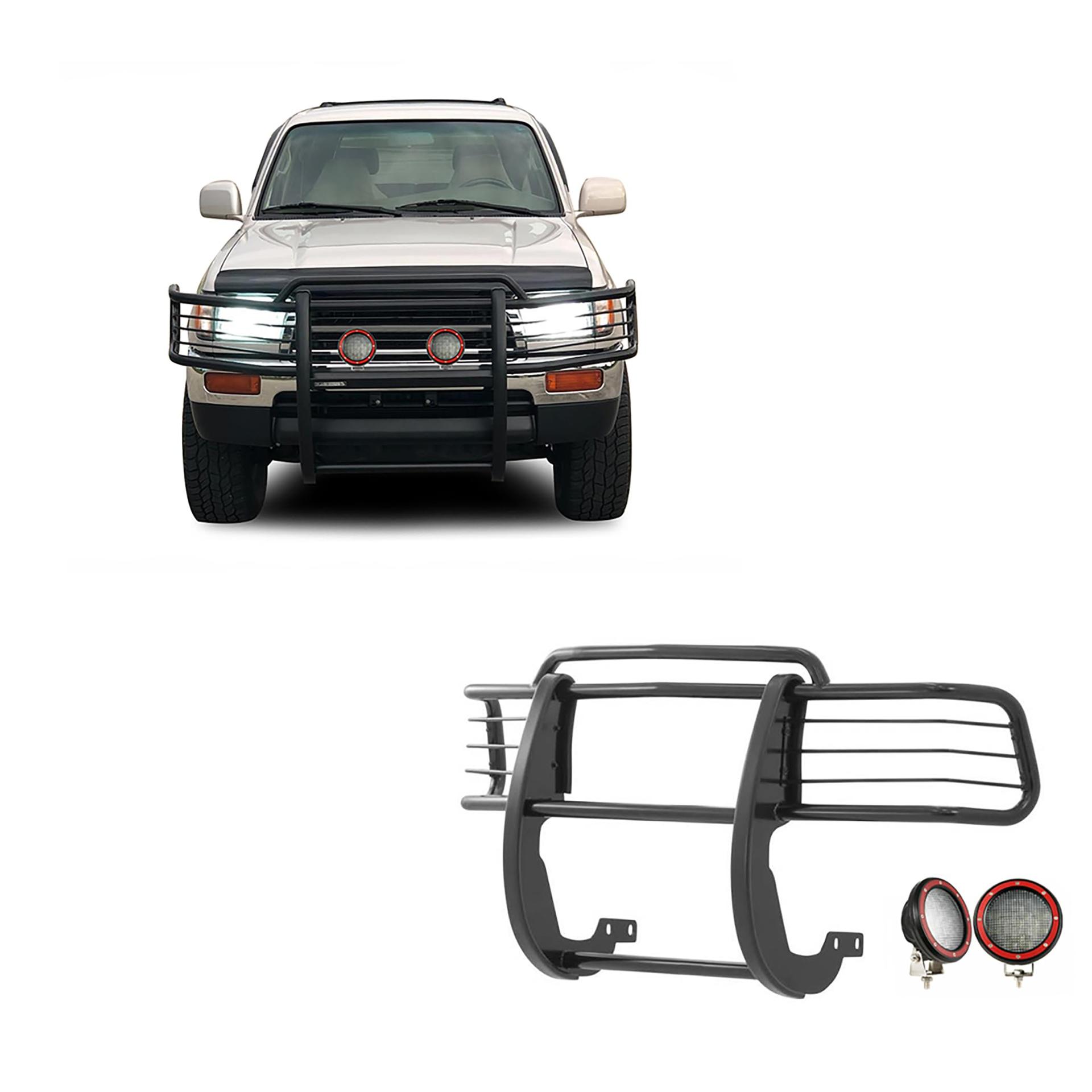 BLACK HORSE 17T80202MA-PLFR Grille brush Bumper Guard Modular Black Come With Pair of 5.3 INCH Dia.LED Lights with Red Trim Rings Compatible with 1996-1998 Toyota 4Runner|1998-2000 Toyota Tacoma - High quality product image showing BLACK HORSE 17T80202MA-PLFR Grille brush Bumper Guard Modular Black Come With Pair of 5.3 INCH Dia.LED Lights with Red Trim Rings Compatible with 1996-1998 Toyota 4Runner|1998-2000 Toyota Tacoma details and features