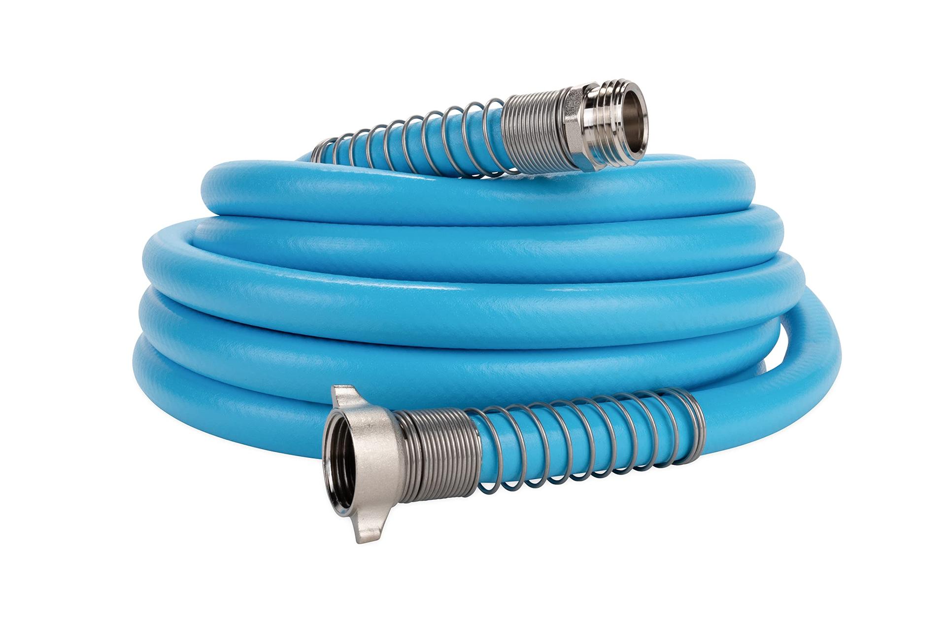 CAMCO 22595 EvoFlex 35-Ft Water Hose - RV Drinking Water Hose Contains No Lead, No BPA & No Phthalate - Flexible Design w/Stainless Steel Strain Relief Ends - 5/8 INCHInside Diameter, Blue - High quality product image showing CAMCO 22595 EvoFlex 35-Ft Water Hose - RV Drinking Water Hose Contains No Lead, No BPA & No Phthalate - Flexible Design w/Stainless Steel Strain Relief Ends - 5/8 INCHInside Diameter, Blue details and features